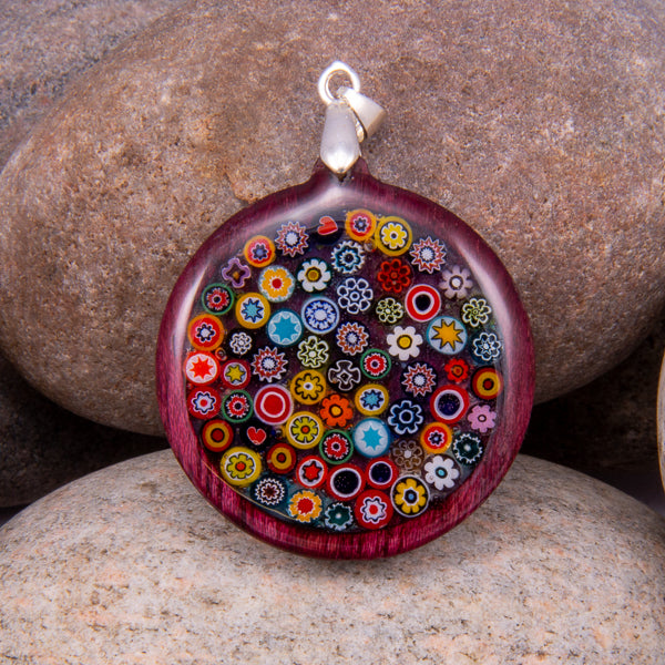 Handcrafted Bespoke Millefiori Pendant; set in hand-turned Purple Heart wood.| Jabbawocky Crafts (jabbawockycrafts.co.uk)